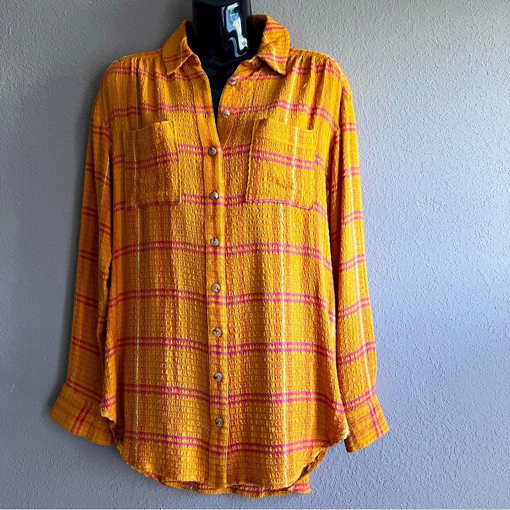 NWT, Anthropologie Pilcro button down orange and pink plaid top.